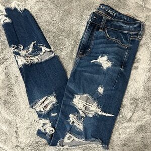 American Eagle Women's Blue Distressed Jeans, Size 4 Reg Super Hi Rise Jegging